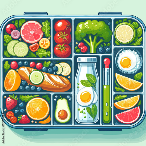 Colorful bento box filled with diverse healthy foods including fruits, vegetables, and a drink for balanced nutrition