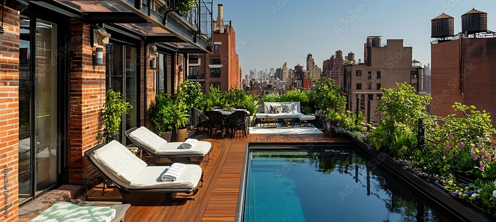 Fototapeta premium A stylish rooftop terrace with modern outdoor furniture, a small pool, and lush greenery