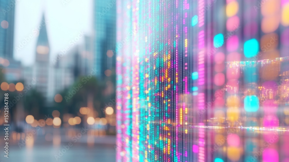 Fototapeta premium Neon-lit cityscape with blurred graphs and economic symbols in the foreground — dynamic business forecast concept with copy space and futuristic urban vibes