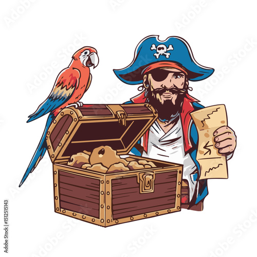 A cartoon vector illustration depicts a pirate character boy with a hat and a treasure chest