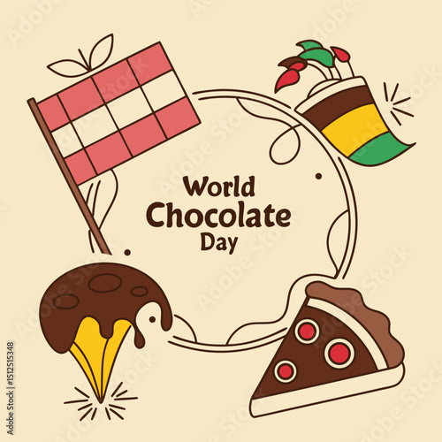 World Chocolate Day Celebration: A delightful and artistic illustration celebrating World Chocolate Day. A rich visual feast of chocolatey treats and symbolic elements.