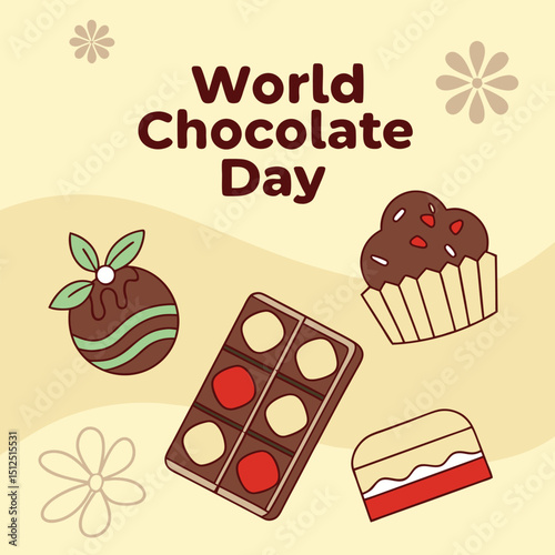 Chocolate Day Celebration: A colorful illustration of various chocolates to celebrate World Chocolate Day with a light and appealing design.