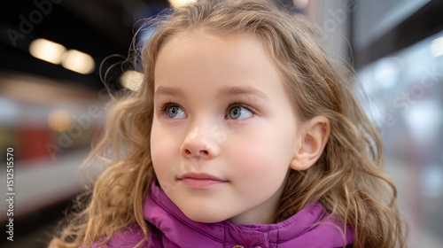 Young Girl with Curly Hair in a Purple Jacket Looking Thoughtfully at a Train Station