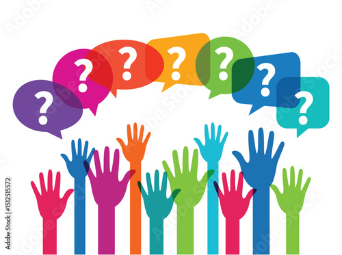 People raising hands and speech bubbles with questions marks. FAQ and questions concept