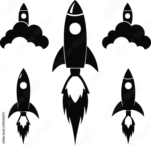 Solid Vector Pack of Rocket Launches with Smoke and Clouds, Bold Silhouette Illustration for Space Travel Concepts, Startup Launch, Tech Branding, or Sci-Fi Designs

