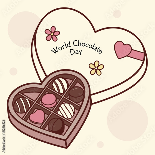 Sweetest Moments: A charming illustration for World Chocolate Day, featuring a heart-shaped box filled with delectable chocolates, perfect for celebrating sweetness and delight.