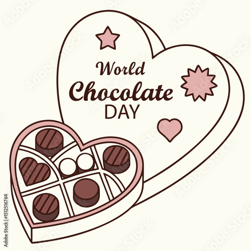World Chocolate Day Sweetheart: A charming graphic celebrating World Chocolate Day features a heart-shaped box overflowing with delectable chocolates alongside a larger heart design.