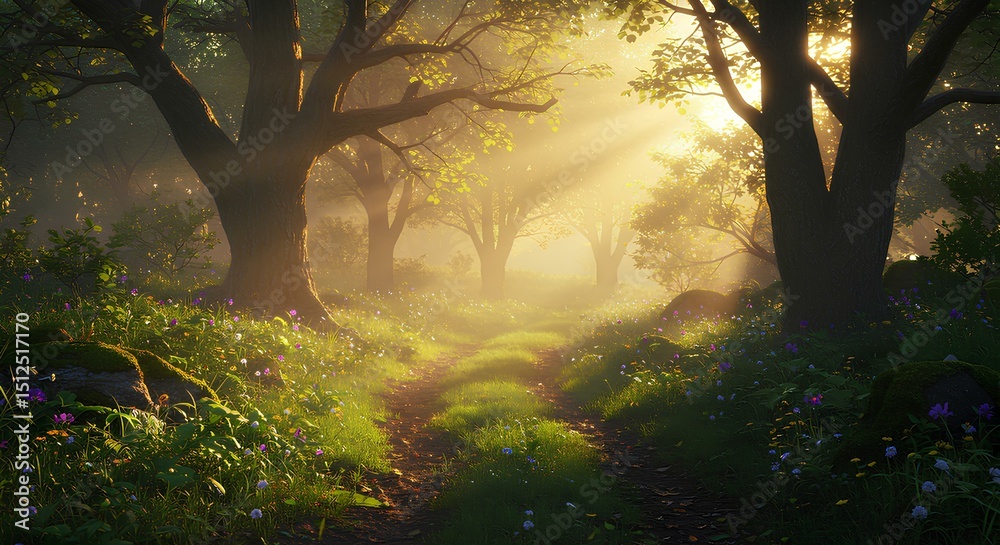 Fototapeta premium Enchanted forest path with morning sunlight and wildflowers