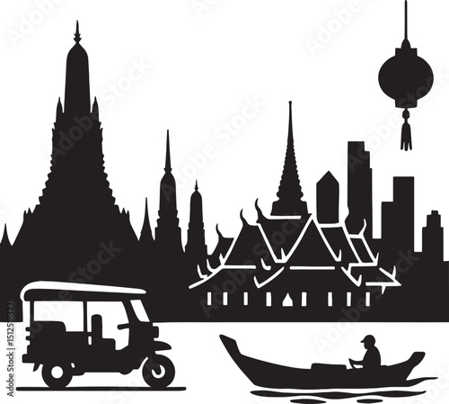 Bangkok Thailand Silhouette Skyline with Temple, Tuk-tuk, and Boat Vector Illustration