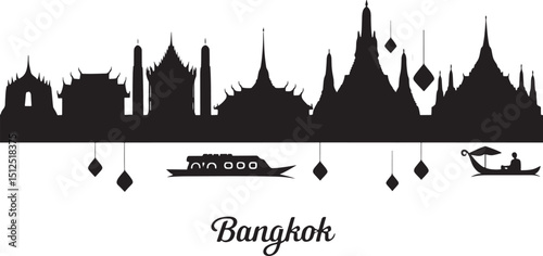 Bangkok Thailand Skyline Silhouette with Temples and Boats Against a Black Background, Cityscape Vector Illustration