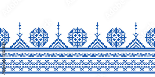 Geometric color floral pattern background. embroidery style. repeated shape and border. botanical and natural style. flower design.