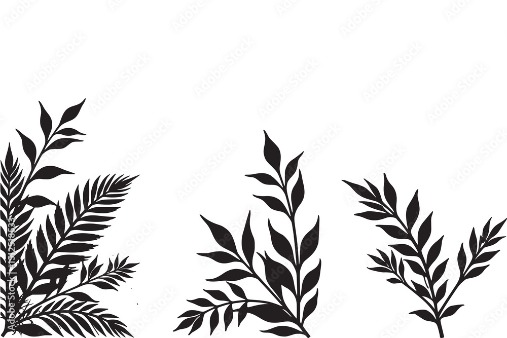 Fototapeta premium Tropical Leaves and Flowers Black Silhouette Set