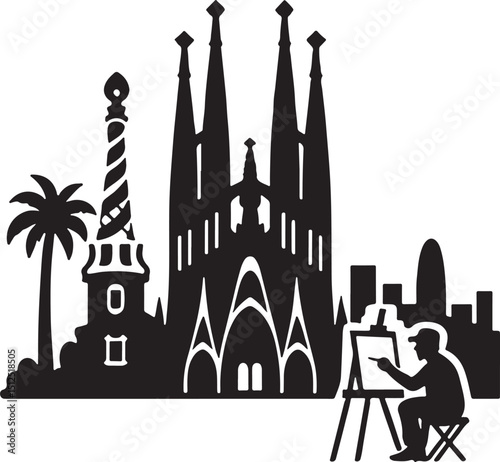 Barcelona Spain Skyline Silhouette with Sagrada Familia and Artist Painting for Cultural Designs