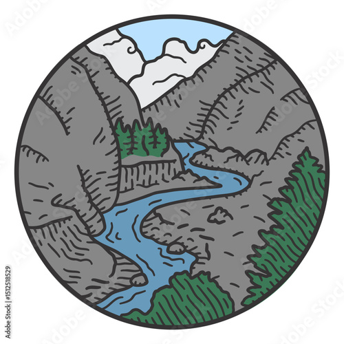 River in mountains color stroke landscape