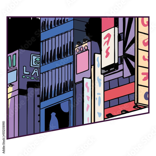 Illustration of a city at night in rectangle