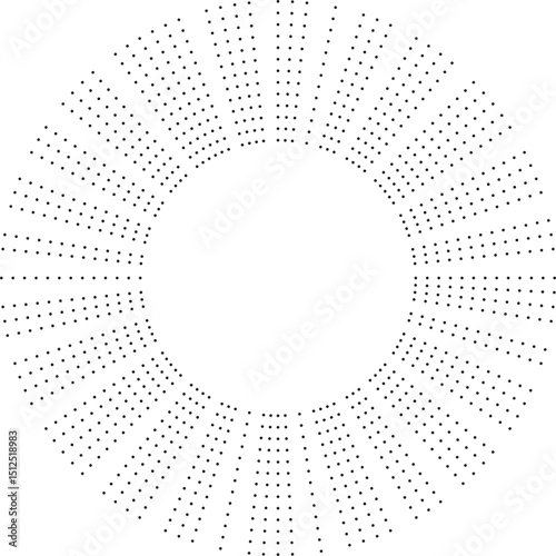 Circular design of long dotted rays emerging from a central empty area, creating a graphic abstract texture.