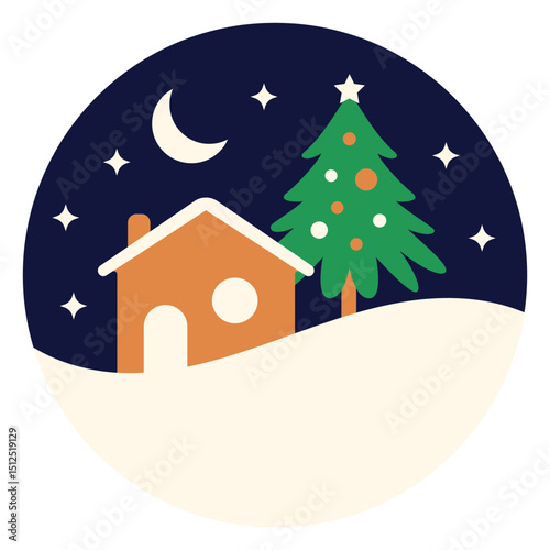 Christmas icon with a house and tree in the snow