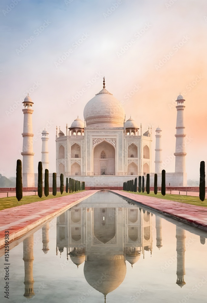 Naklejka premium Watercolor Illustration of the Taj Mahal at Sunrise. Ideal for use in travel-themed designs, wall art, greeting cards
