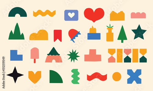 Vector illustration. Set of contemporary pastel color ornaments and geometry figures in drawn cartoon art style against yellow background. Modern icons and graphics. Minimalist