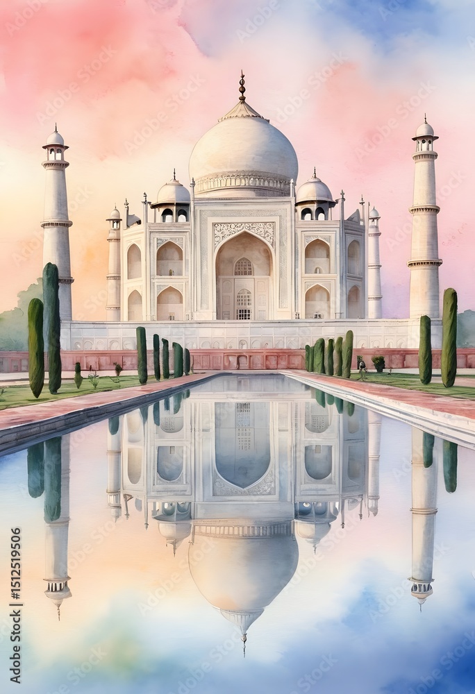 Obraz premium Watercolor Illustration of the Taj Mahal at Sunrise. Ideal for use in travel-themed designs, wall art, greeting cards