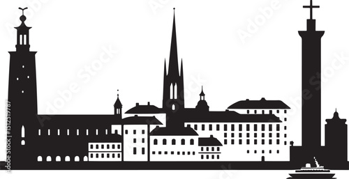 Detailed Silhouette Illustration of Stockholm Sweden Skyline on a Solid Black Background