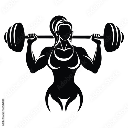 Silhouette of Woman Lifting Barbell, Weight Training, Fitness Girl Lifting Heavy Barbell Vector Illustration