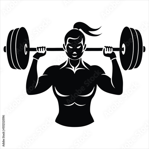 Silhouette of Woman Lifting Barbell, Weight Training, Fitness Girl Lifting Heavy Barbell Vector Illustration