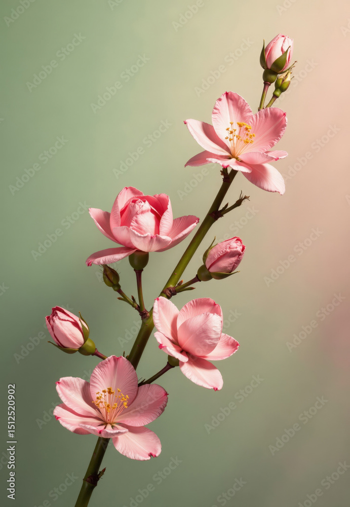 Obraz premium Pink Flowers and Buds on Branch Against Muted Background