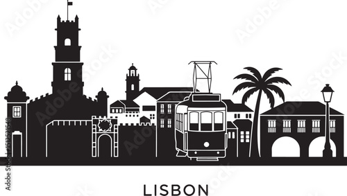 Lisbon Cityscape Silhouette Illustration of Portugal Urban Skyline with Landmarks and Buildings on Dark Background