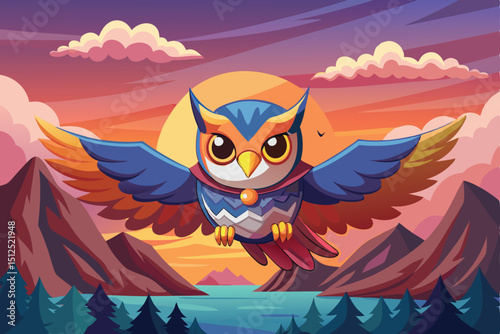 Majestic owl soaring at sunset over mountains