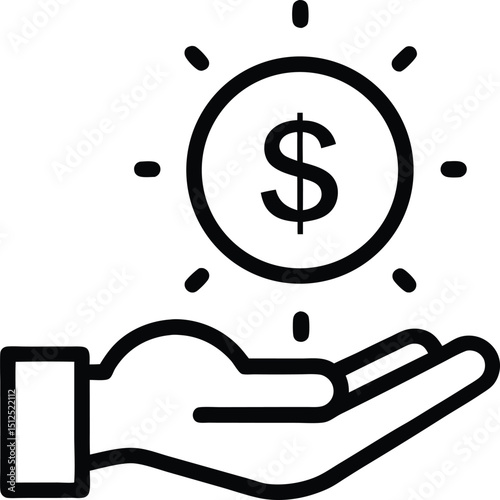 Minimal Line Vector of Hand Offering Glowing Dollar Coin, Bold Black Finance Icon Representing Wealth, Charity, Business Reward, Investment, or Economic Growth Concept