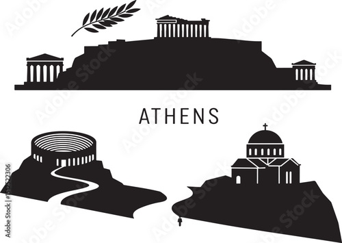 Silhouette Illustration of Athens Cityscape with Acropolis, Ancient Ruins, and Olive Branch on a Dark Backdrop