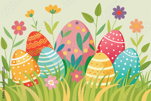Colorful easter eggs in grass with flowers