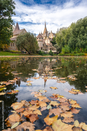 Vajdahunyad Castle reflected in a small lake surrounded by autumn leaves, framed by a cloudy sky, showcasing the tranquil beauty of Budapest, Hungary