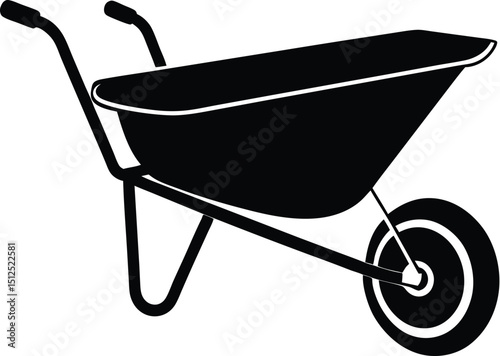 Wheelbarrow silhouette, garden tool vector, construction cart icon, minimal yard equipment
