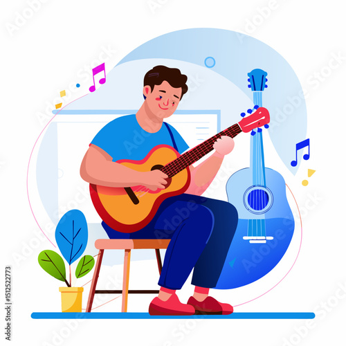 A person tuning a guitar. Cartoon vector illustration on white background.