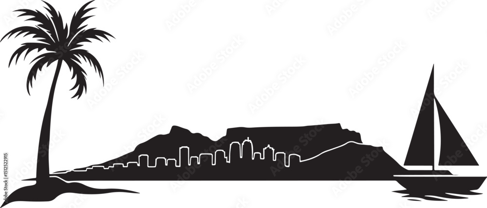 Fototapeta premium Silhouette Illustration of Cape Town South Africa Skyline with Palm Tree and Sailboat on Black Background