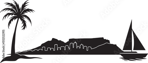 Silhouette Illustration of Cape Town South Africa Skyline with Palm Tree and Sailboat on Black Background