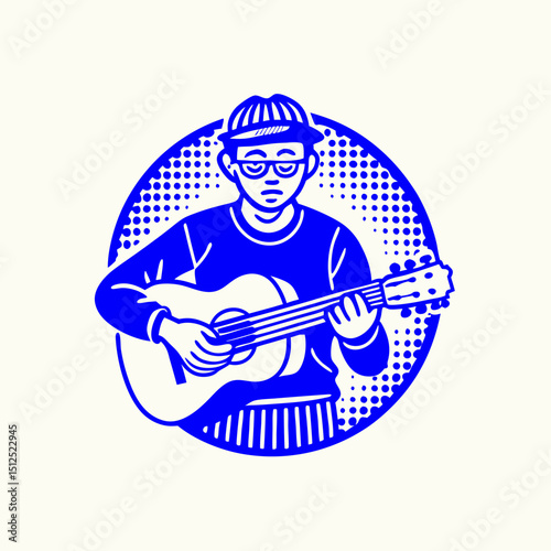 A flat-style vector illustration of a person tuning a guitar.