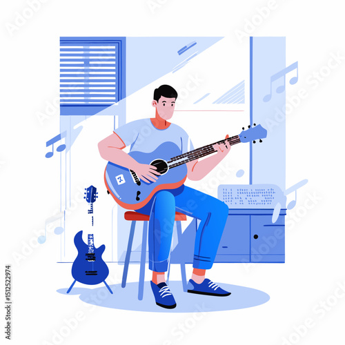 A person tuning a guitar. Flat style. Vector illustration.