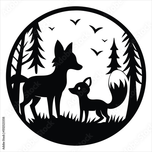 A Silhouette of a Fox Standing among Pine Trees on a Hill