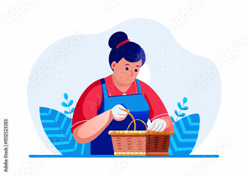 A person weaving a basket image. Cartoon style. Vector illustration.