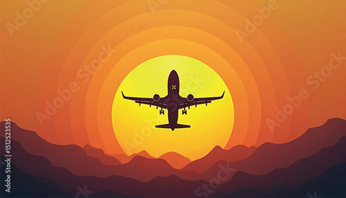 Airplane flying against vibrant sunset over mountain landscape  