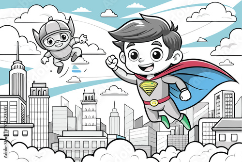 Superhero boy and mini superhero flying over cityscape