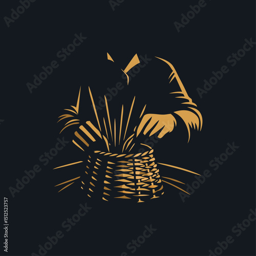A person weaving a basket engraved vintage image. Vector illustration.