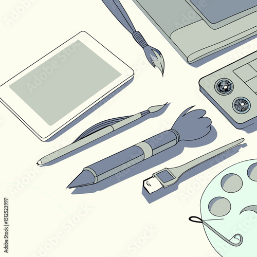 Illustration of digital art tools and palette arrangement