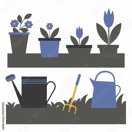 Arrangement of potted flowers and garden tools in flat style