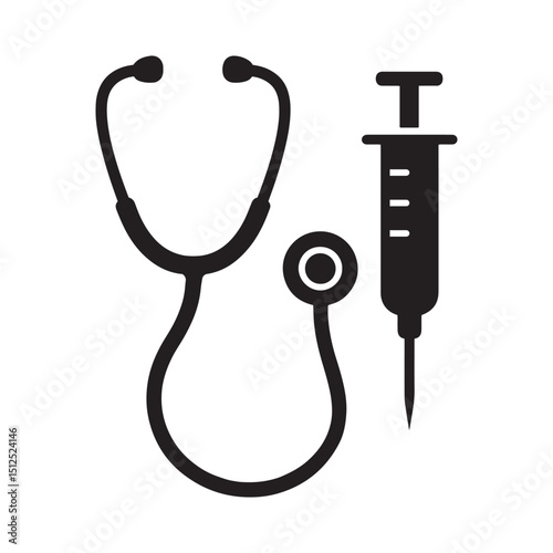 Minimalist Medical Stethoscope and Syringe Outline Silhouette – Health Care Icon for Professionals