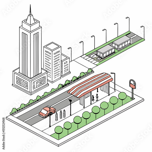 Isometric city scene with bus stop and tall building outline