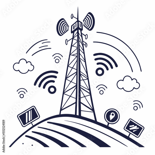 Illustration of a communication tower on a hill with signals